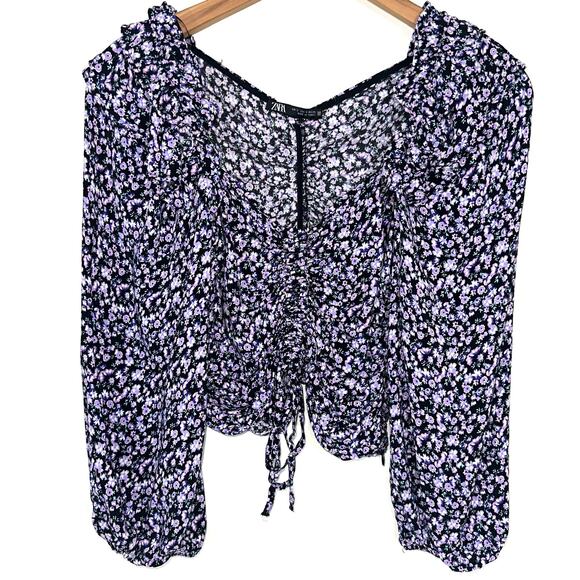 Zara Purple Floral Ruffle Long Sleeve Drawstring Ruched Crop Top Size S - Picture 2 of 16